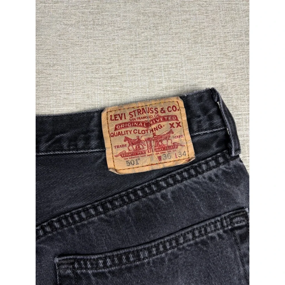 Vintage Levis 501 Mens 36x34 Jeans Fuzzy Black Faded Denim Grungy Stone Wash